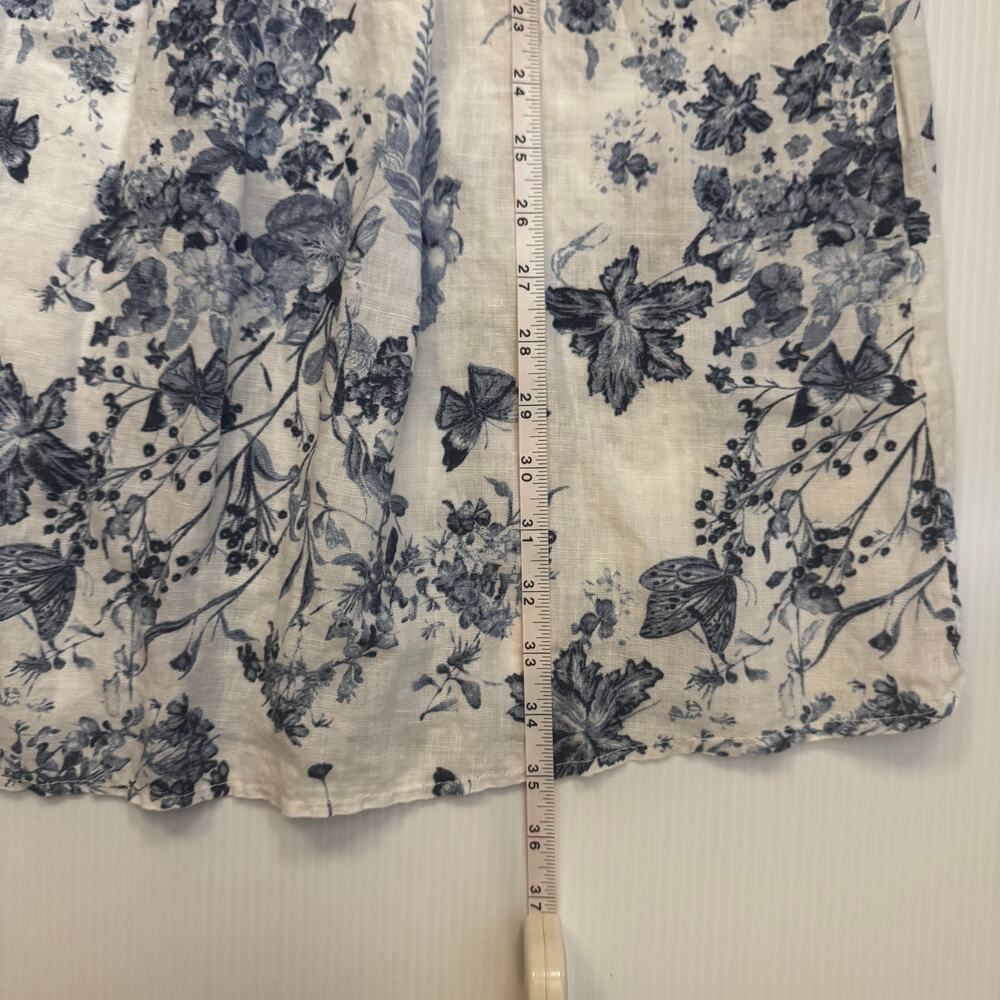 Italian Linen Trapeze Dress Ecru Blue Toile Floral Tie Neck Lined S/M Resort - Picture 12 of 14